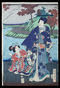 Kunichika Utagawa japanischer Farbholzschnitt Samurai Geisha